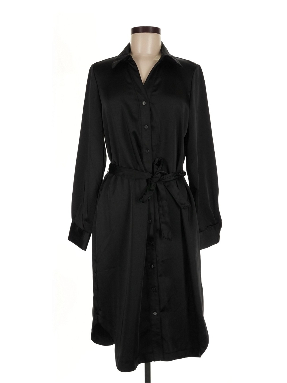Rachel Zoe Black Satin Shirt Dress with Waist Tie
